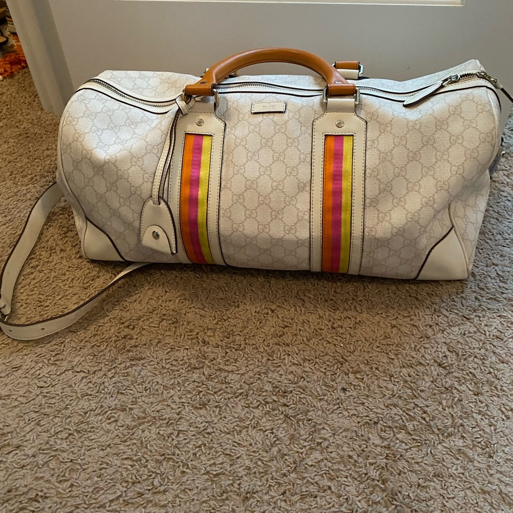 Gucci Fluorescent Stripe White Monogram Duffle Bag
